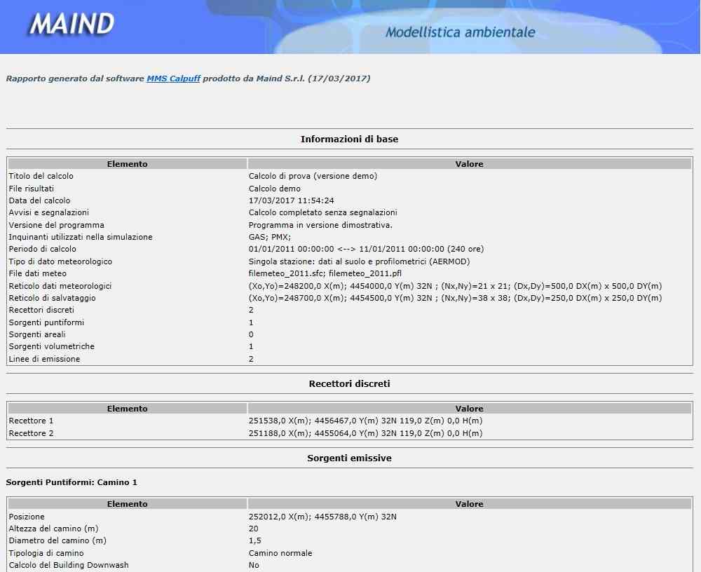 MMS Calpuff - Report del calcolo